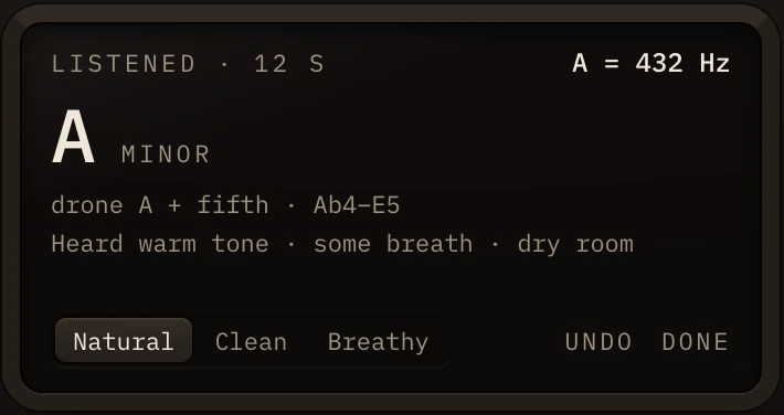 Listen's result on the plugin's screen: A minor, a drone on A and its fifth, tuning A = 432 Hz, with Natural, Clean and Breathy choices.