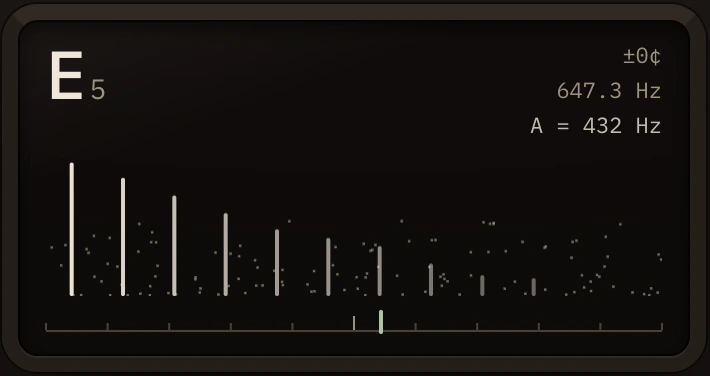 The plugin's screen: the note E5, its harmonics as tall lines, and the breath as fine grain between them.
