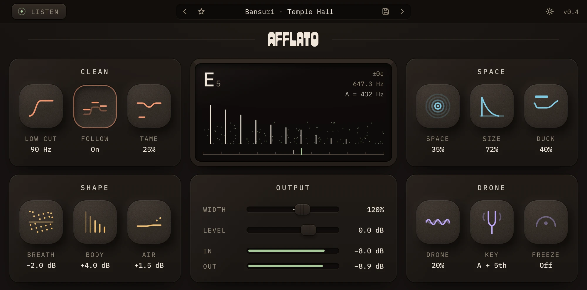 The Afflato plugin: Clean, Shape, Space and Drone controls around a screen showing the note being played and its harmonics.
